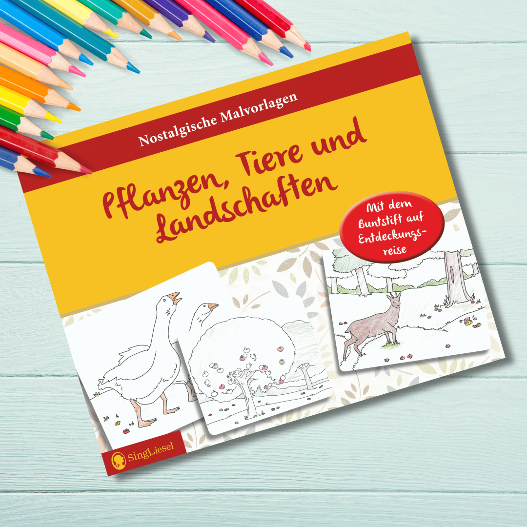 Cover des im Blogbeitrag „Farbenfroher August“ vorgestellten Artikels mit dem Titel:  Malvorlagen für Senioren – Pflanzen, Tiere und Landschaften