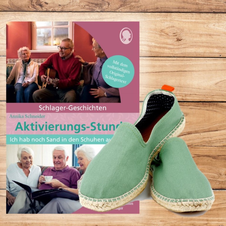 Cover des im Blogbeitrag „Urlaubsträume im August“ vorgestellten Artikels mit dem Titel: Sand in den Schuhen - Schlagergeschichten Aktivierungs-Stunde