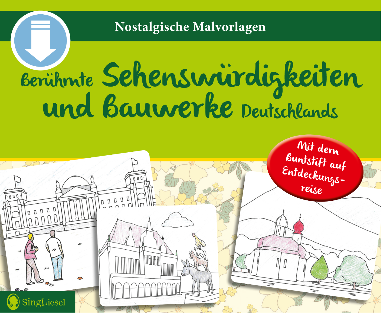 Cover des im Blogbeitrag „Farbenfroher August“ vorgestellten Artikels mit dem Titel: Malvorlagen für Senioren – Berühmte Sehenswürdigkeiten und Bauwerke