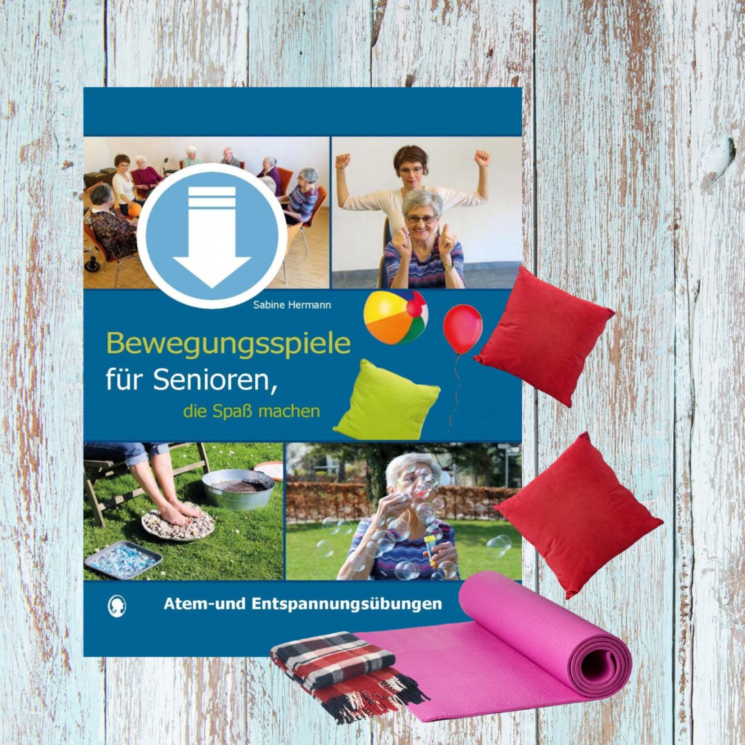 PDF-Cover zu „Bewegungsspiele für Senioren, die Spaß machen. Atem- und Entspannungsübungen“ von Sabine Hermann. Auf dem Cover sind ältere Menschen zu sehen, die gemeinsam spielen und sich aktiv bewegen.