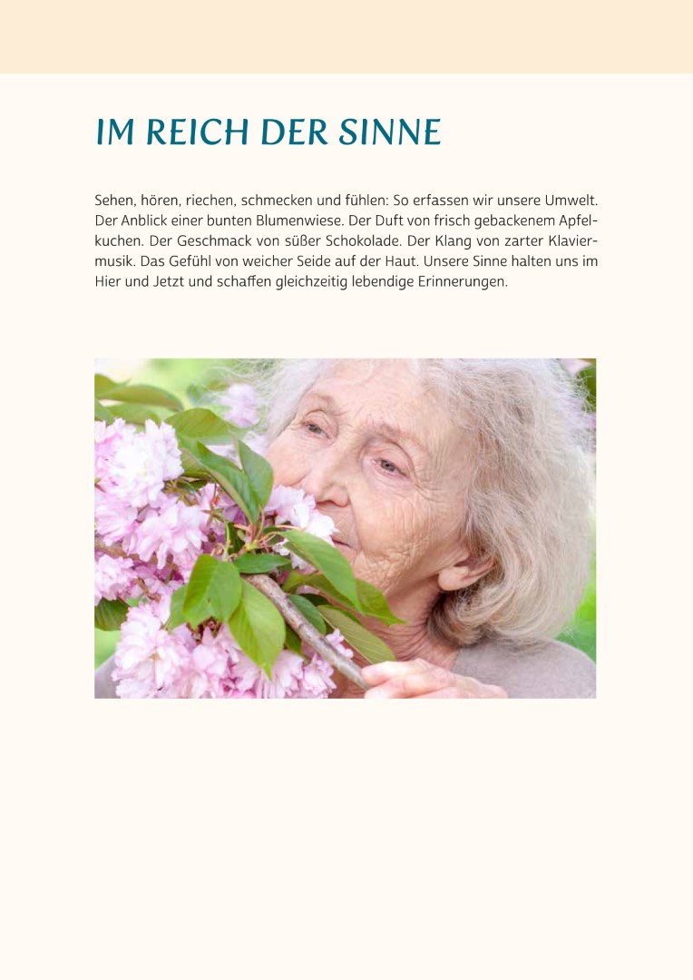 Beispielseite aus Gedächtnistraining für Senioren "Aktiv mit allen Sinnen". Zu sehen ist das Titelblatt zum Thema „Im Reich der Sinne“.