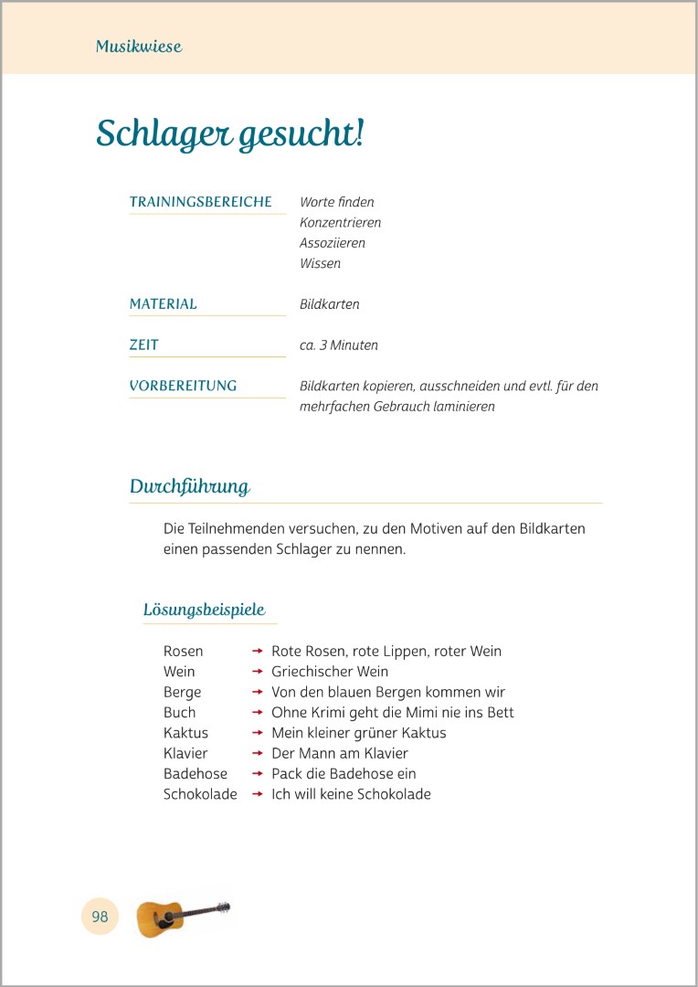 Beispielseite aus Gedächtnistraining für Senioren "Aktiv mit allen Sinnen". Gezeigt wird eine Gedächtnisübung mit dem Titel „Schlager gesucht!“. Die Übungen eignen sich ideal zur Aktivierung von Senioren.