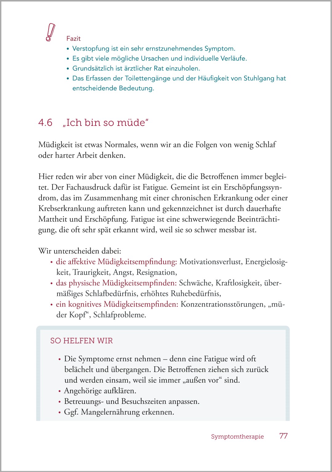 Beispielseite aus dem Buch „Palliative Care und Sterbebegleitung – Ein Ratgeber für Begleitende und Angehörige“ mit praktischen Hilfestellungen bei körperlichen Beschwerden.