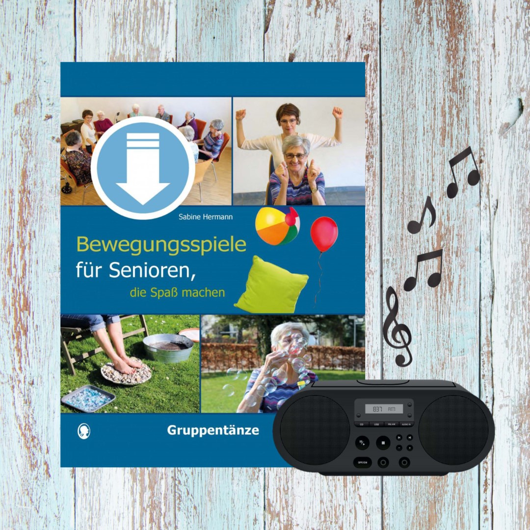 PDF-Cover zu „Bewegungsspiele für Senioren, die Spaß machen. Gruppentänze“ von Sabine Hermann. Auf dem Cover sind ältere Menschen zu sehen, die gemeinsam spielen und sich aktiv bewegen.