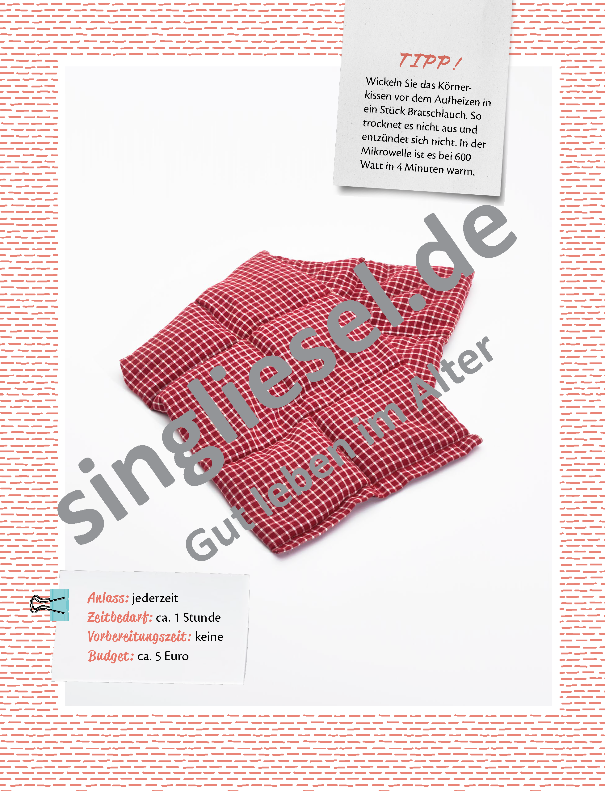 Beispielbild:Anleitung zum Basteln von Körnerkissen – kreative Handarbeit für Senioren zur Beschäftigung auch bei Demenz Beispielbild:Anleitung zum Basteln von Körnerkissen – kreative Handarbeit für Senioren zur Beschäftigung auch bei Demenz
