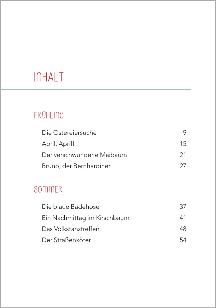 Inhaltsverzeichnis des Buchs ‚Jahreszeitengeschichten für Senioren‘ von Annette Weber mit je vier Geschichten zu Frühling und Sommer.