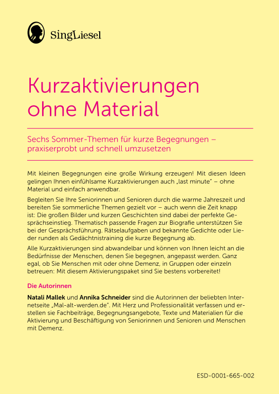 Beispielseiten der PDF: Kurzaktivierungen im Sommer - Beschätigungen für Senioren zum Thema Wald und Wiese Beispielseiten der PDF: Kurzaktivierungen im Sommer - Beschätigungen für Senioren zum Thema Wald und Wiese