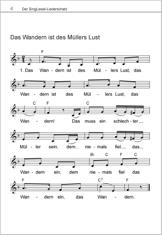 Liederbuch für Senioren im Großdruck – Wanderlied: Das Wandern ist des Müllers Lust mit Noten zum Mitsingen