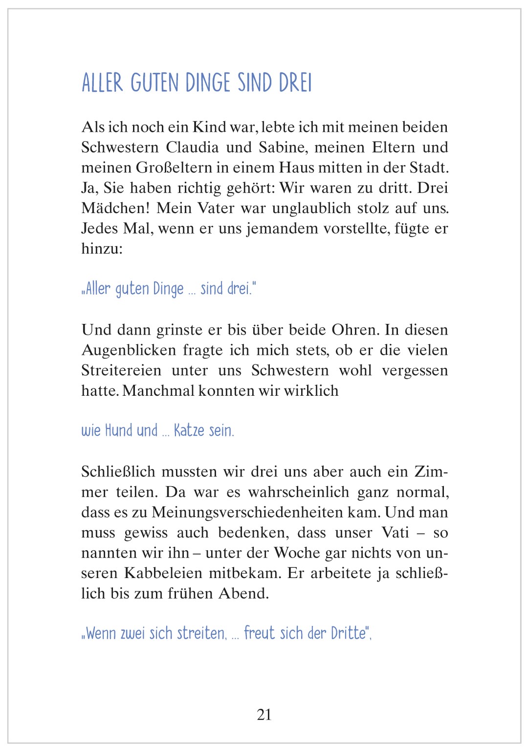 Beispielseite aus „Geschichten voller Sprichwörter – Frisch gewagt ist halb gewonnen“ mit der Kurzgeschichte „Alle guten Dinge sind drei“.