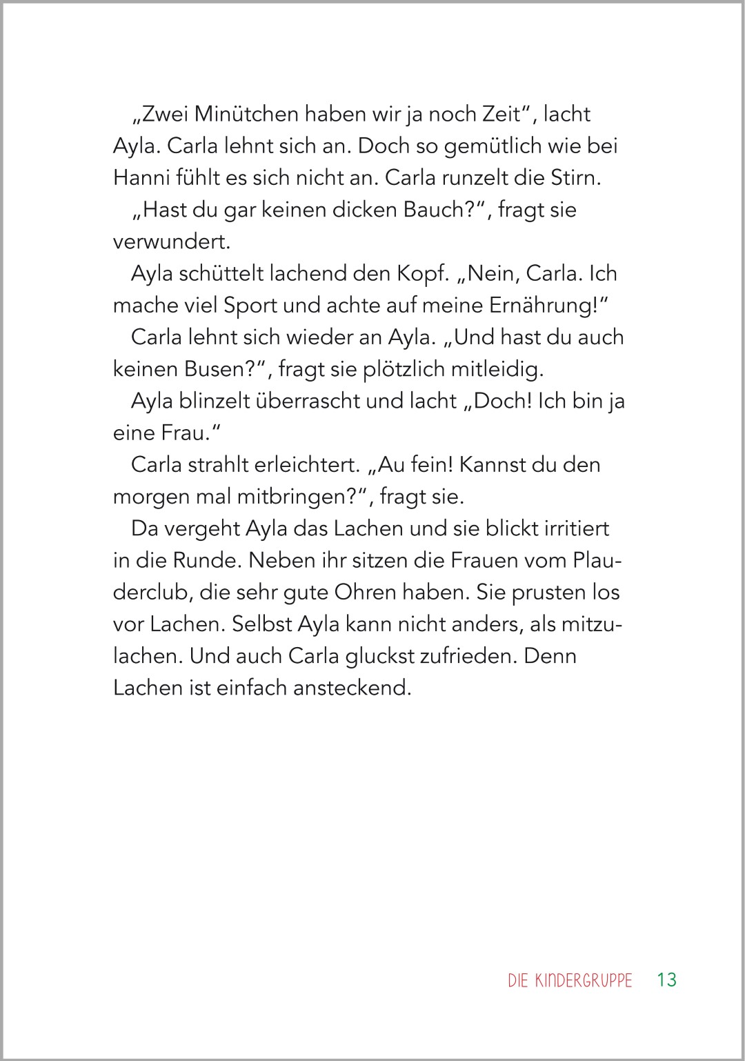 Beispielseite aus der Geschichte ‚Die Kindergruppe‘ im Buch ‚Kurzgeschichten für Senioren‘. Die Geschichte behandelt Alltagssituationen der Plaudergruppe. Die Geschichte ist im Großdruck gestaltet.