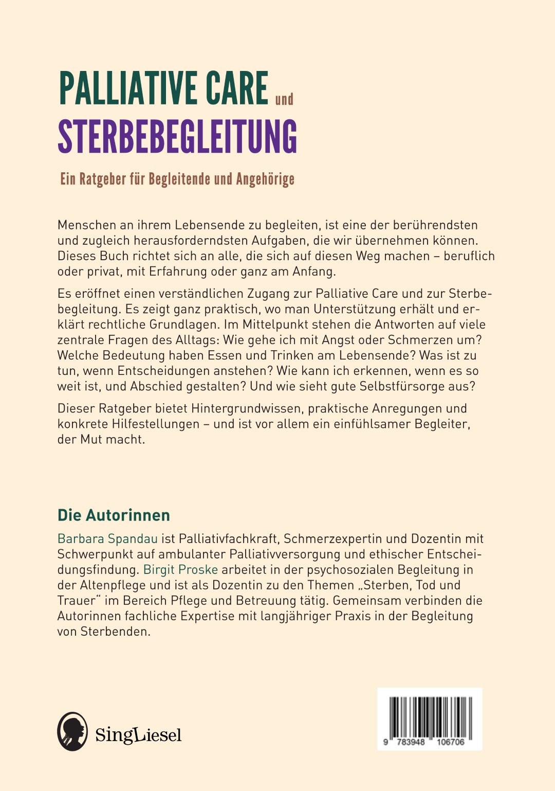Rückseite von „Palliative Care und Sterbebegleitung“ – Überblick zur Zielgruppe und zu den Autorinnen.