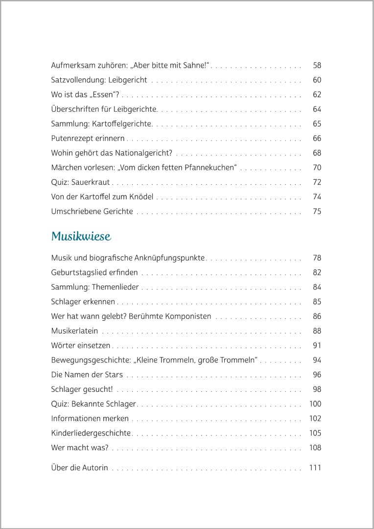 Inhaltsverzeichnis von Gedächtnistraining für Senioren – Aktiv mit allen Sinnen. Das Inhaltsverzeichnis präsentiert das Thema „Musikwiese“ – ideal zur Aktivierung von Senioren.