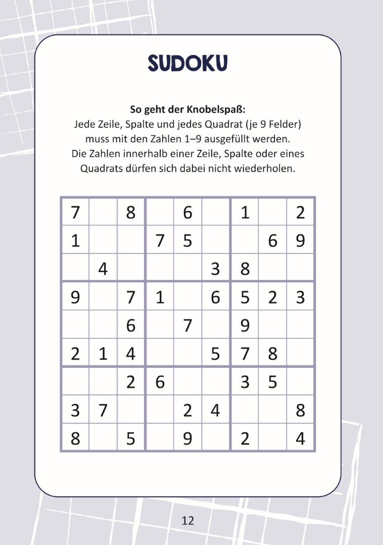 Beispielseite aus dem Buch ‚Gedächtnistraining für zwischendurch – Das Rätselbuch für Senioren‘. Abgebildet ist ein Sudoku, welches im Großdruck gestaltet ist.