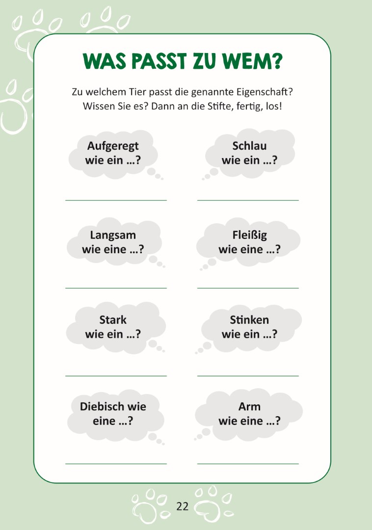Beispielseite aus dem Buch ‚Gedächtnistraining für zwischendurch – Das Rätselbuch für Senioren‘. Abgebildet ist das Rätsel "Was passt zu wem"? Finde das passende Tier zu den genannten Eigenschaften.