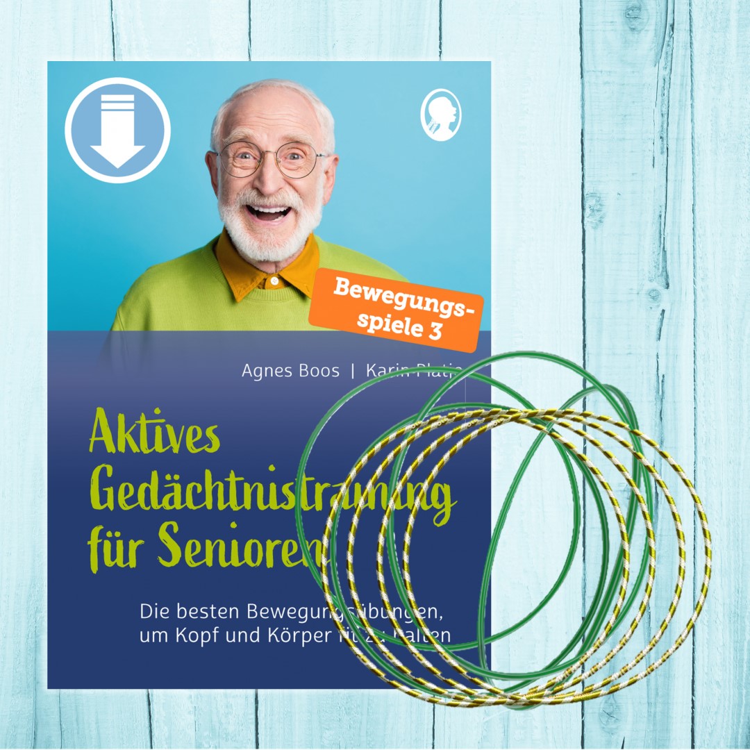 PDF-Cover zu „Aktives Gedächtnistraining für Senioren“. Der Titel von Agnes Boos und Karin Platje präsentiert in einem dritten Band einfache und effektive Bewegungsspiele, mit denen Senioren Körper und Gedächtnis stärken können.