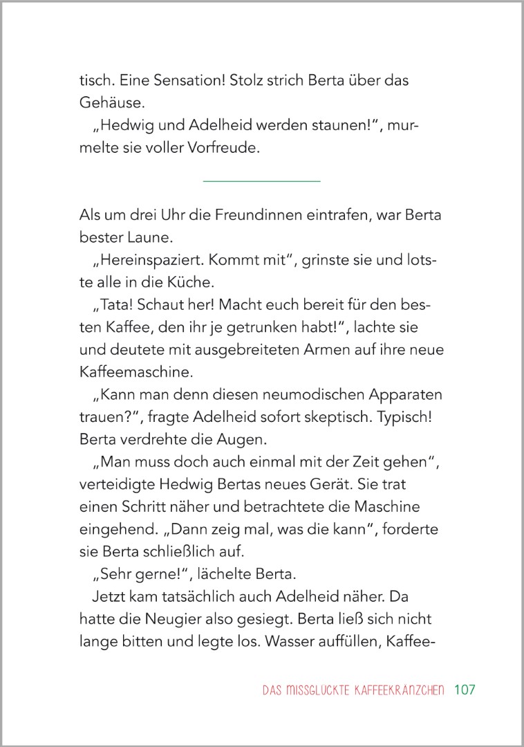 Beispielseite aus der Geschichte „Das missglückte Kaffeekränzchen“ im Buch „Kurzgeschichten für Senioren“. Zu sehen ist eine in Großdruck gestaltete Textseite mit klarer, gut lesbarer Schrift, die eine lustige Alltagsgeschichte erzählt und sich besonders