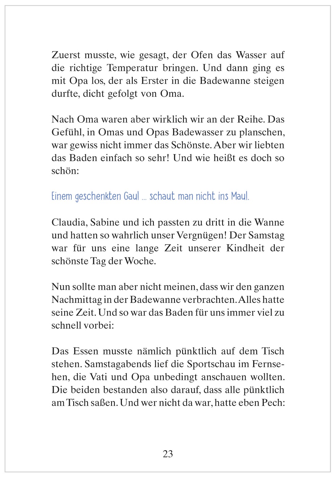 Beispielseite aus „Geschichten voller Sprichwörter – Frisch gewagt ist halb gewonnen“ mit der Kurzgeschichte „Alle guten Dinge sind drei“.