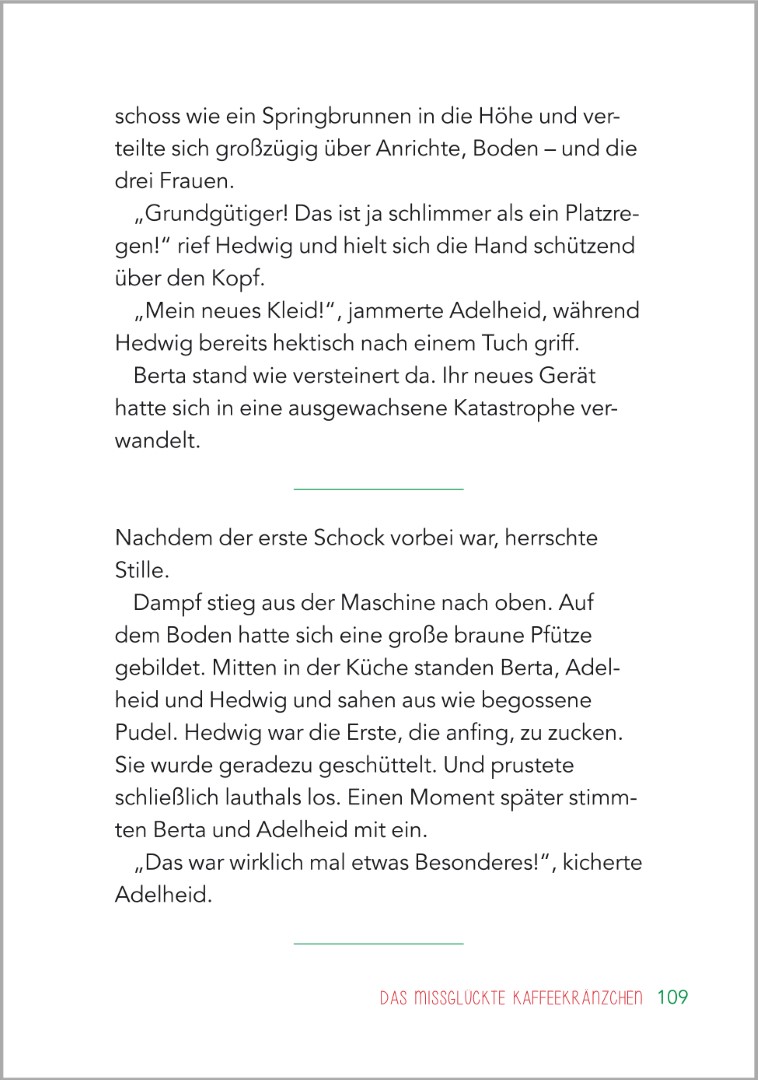 Beispielseite aus der Geschichte „Das missglückte Kaffeekränzchen“ im Buch „Kurzgeschichten für Senioren“. Zu sehen ist eine in Großdruck gestaltete Textseite mit klarer, gut lesbarer Schrift, die eine lustige Alltagsgeschichte erzählt und sich besonders