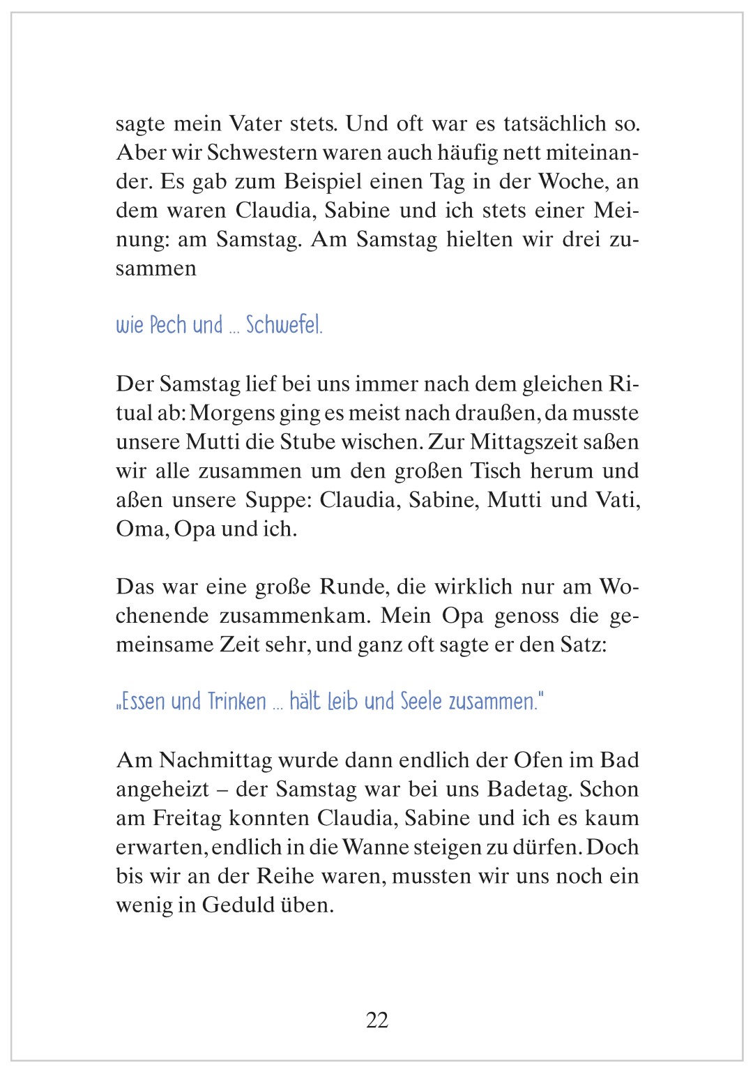 Beispielseite aus „Geschichten voller Sprichwörter – Frisch gewagt ist halb gewonnen“ mit der Kurzgeschichte „Alle guten Dinge sind drei“.