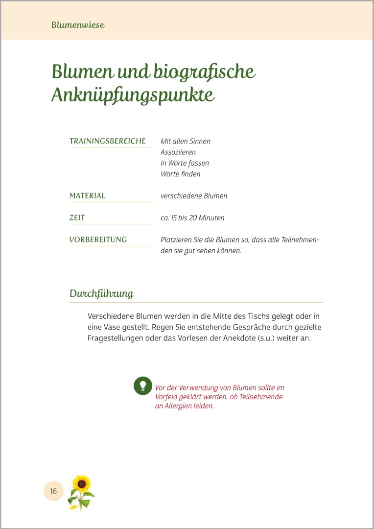 Beispielseite aus Gedächtnistraining für Senioren "Gehirnjogging für Naturliebhaber". Gezeigt wird eine Gedächtnisübung mit dem Titel „Blumen und biografische Anknüpfungspunkte“. Die Übungen eignen sich ideal zur Aktivierung von Senioren.