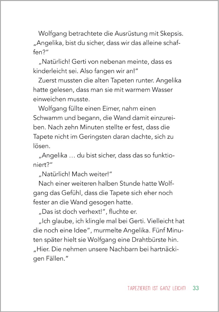 Beispielseite aus der Geschichte „Tapezieren ist ganz leicht“ im Buch „Kurzgeschichten für Senioren“. Zu sehen ist eine in Großdruck gestaltete Textseite mit klarer, gut lesbarer Schrift, die eine heitere Alltagsgeschichte erzählt und sich besonders gut z