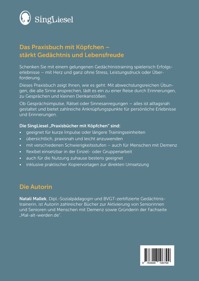 Die Rückseite von Gedächtnistraining für Senioren – „Aktiv mit allen Sinnen“ zeigt, wie regelmäßiges Gedächtnistraining das Denkvermögen, die Konzentration und die Lebensfreude im Alter stärkt.