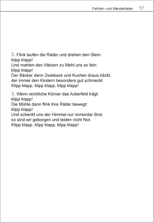 Liederbuch für Senioren im Großdruck – Wanderlied: Es klappert die Mühle am rauschenden Bach mit Liedtext und Noten