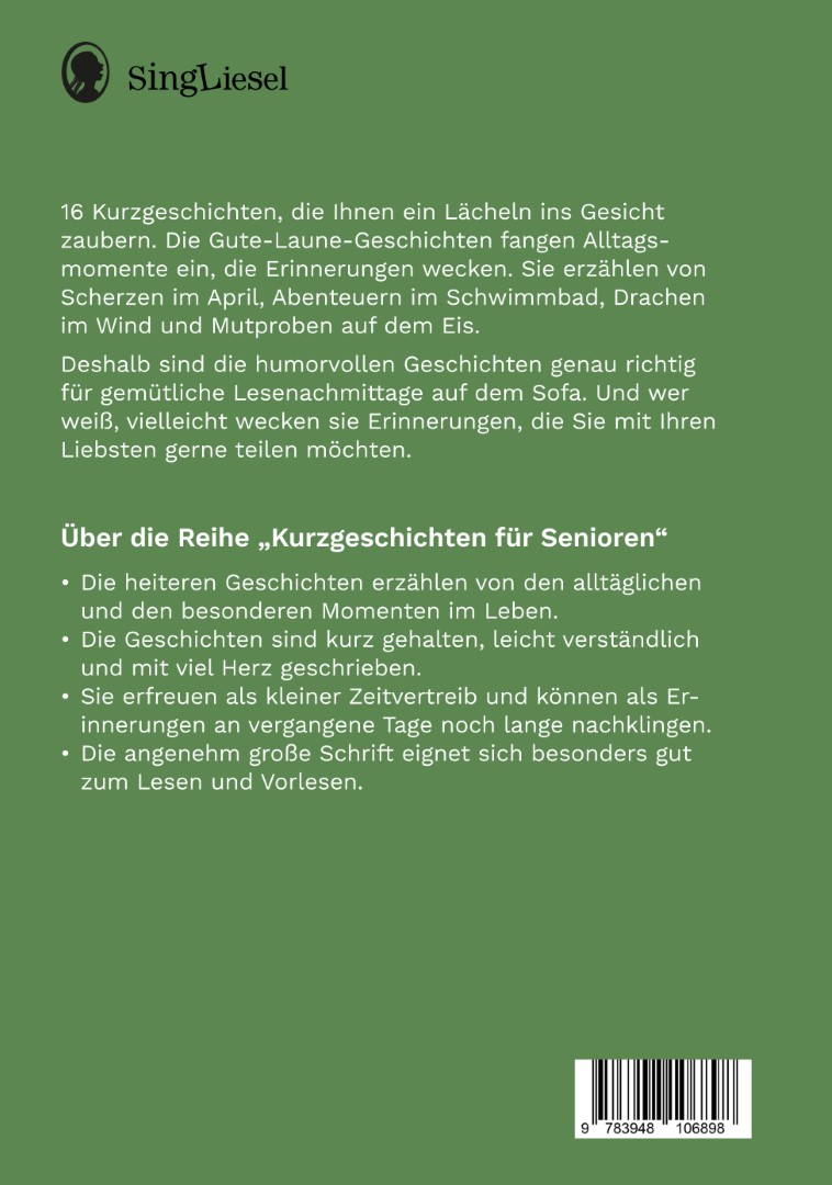 Rückseite des Buches ‚Jahreszeitengeschichten – Kurzgeschichten für Senioren‘, geschrieben von Annette Weber. Das Buch eignet sich zum Vorlesen in der Seniorenbetreuung und enthält heitere Erzählungen aus Frühling, Sommer, Herbst und Winter.