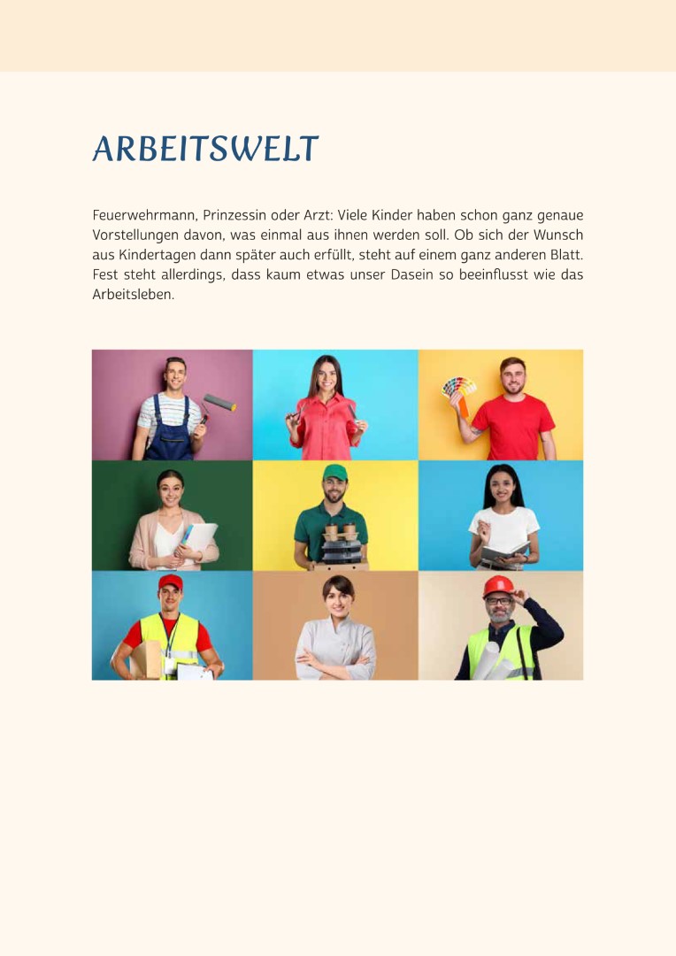 Beispielseite aus Gedächtnistraining für Senioren "Kluge Kerle". Zu sehen ist das Titelblatt zum Thema Arbeitswelt.