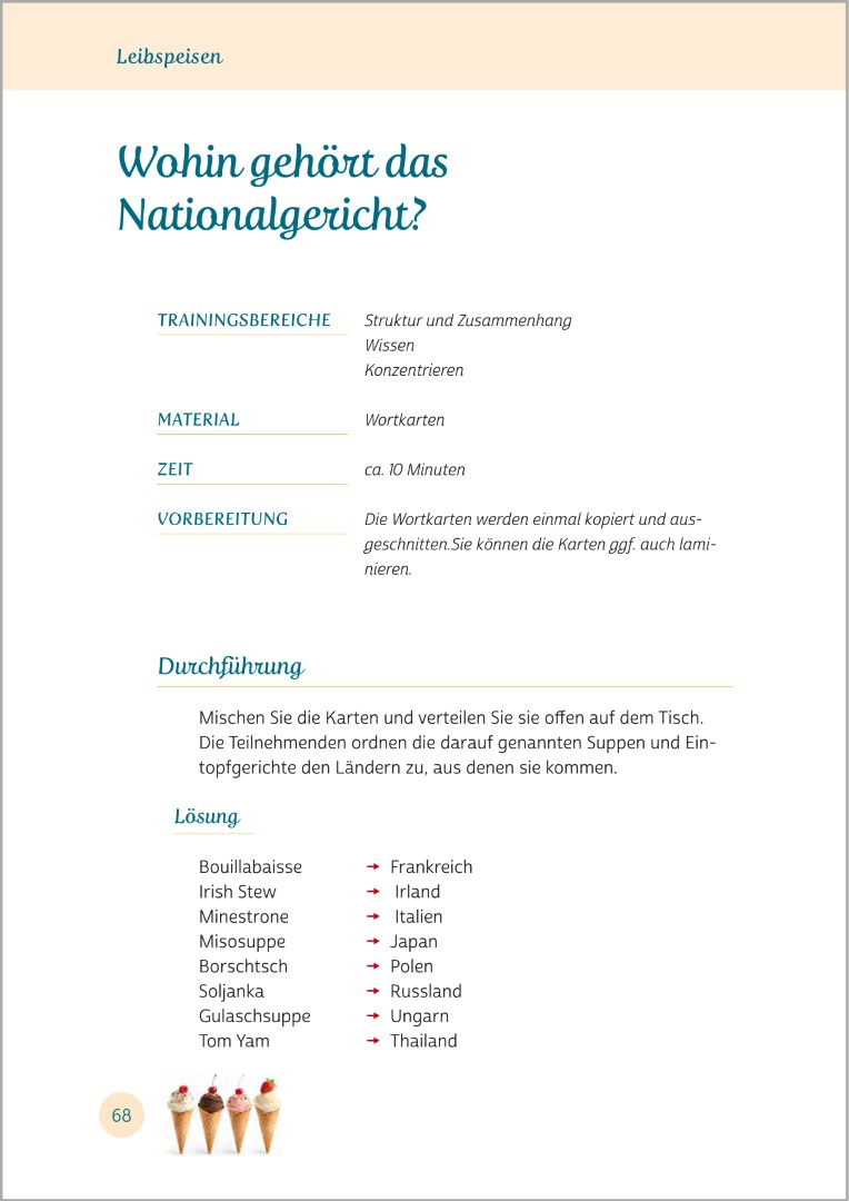 Beispielseite aus Gedächtnistraining für Senioren "Aktiv mit allen Sinnen". Gezeigt wird eine Gedächtnisübung mit dem Titel „Wohin gehört das Nationalgericht?“. Die Übungen eignen sich ideal zur Aktivierung von Senioren.