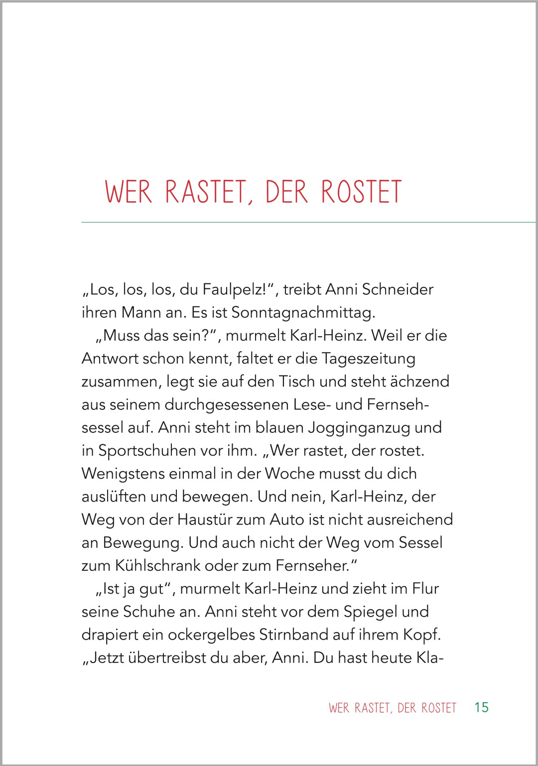 Beispielseite "Kurzgeschichten für Senioren" "Geschichten aus den 70ern" "Wer rastet, der rostet"