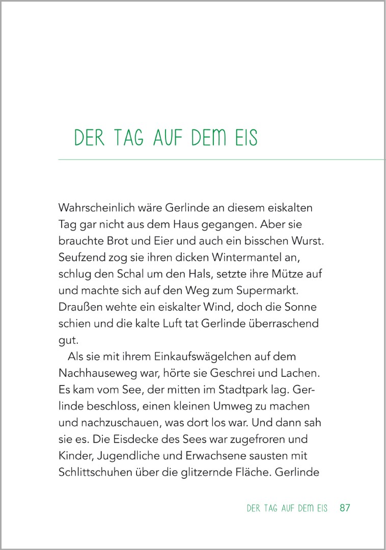 Beispielseite aus ‚Ein Tag auf dem Eis‘ im Buch ‚Jahreszeitengeschichten für Senioren‘. Eine winterliche Geschichte über einen gefrorenen See.