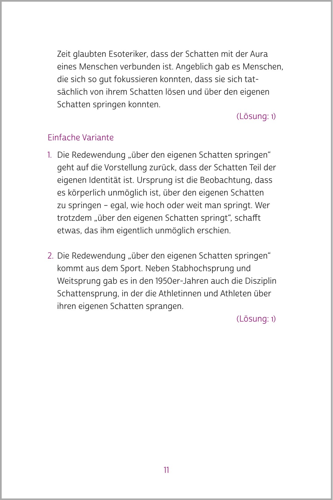 Beispielseite des Buchs „Rätselbuch der Redewendungen“ von Silke Hubrig, aus der SingLiesel kompakt Reihe. Es werden verschiedene Varianten des Rätsels „Über den eigenen Schatten springen“ gezeigt.