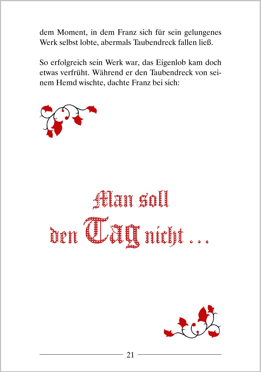 Beispielseite aus „Die schönsten Sprichwortgeschichten zum Lachen und Schmunzeln“ mit der Kurzgeschichte „Taubendreck“, geeignet zum Vorlesen und Miträtseln.