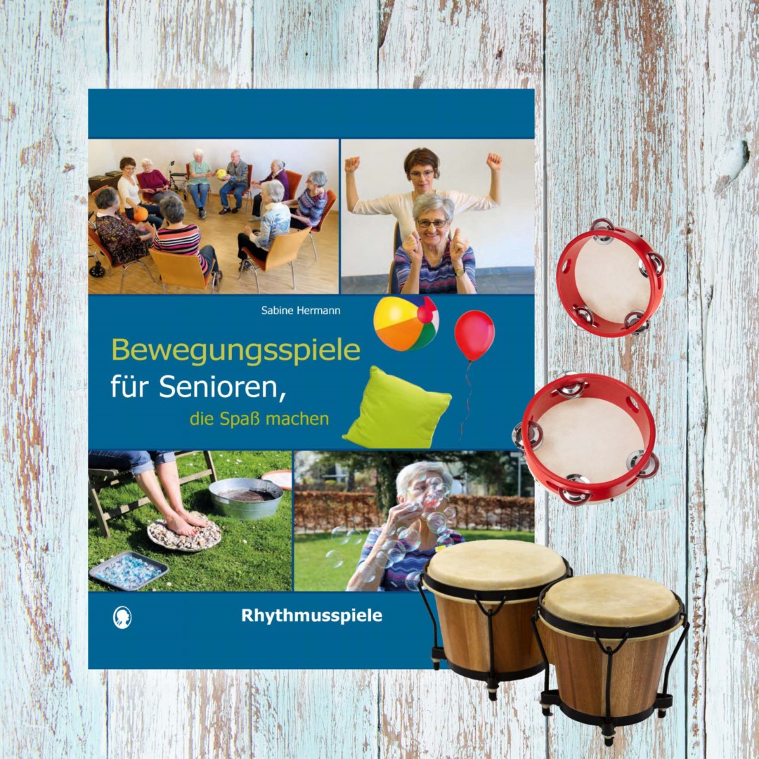 PDF-Cover zu „Bewegungsspiele für Senioren, die Spaß machen. Rhythmusspiele“ von Sabine Hermann. Auf dem Cover sind ältere Menschen zu sehen, die gemeinsam spielen und sich aktiv bewegen.