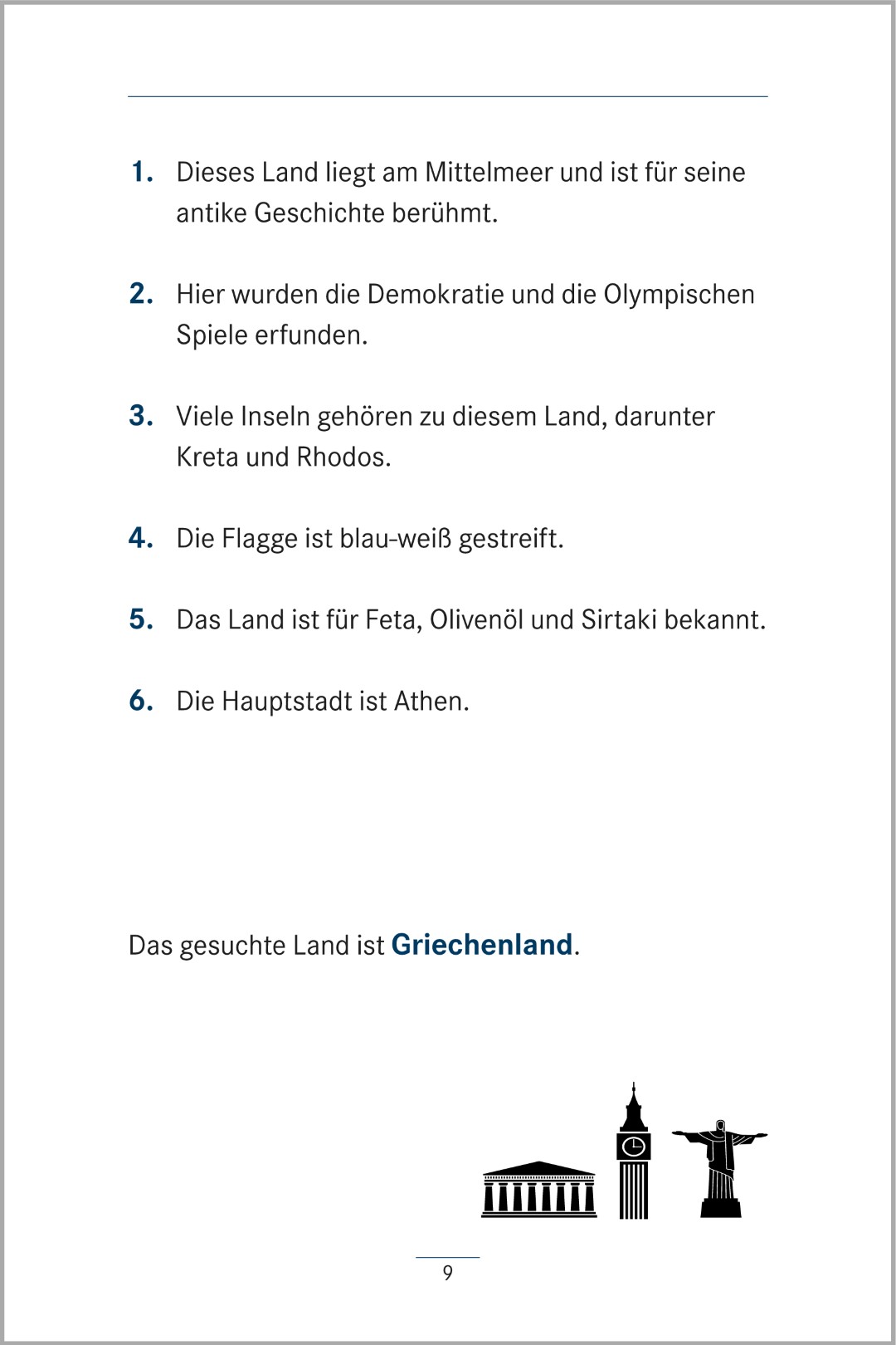 Beispielseite aus dem Buch „Umschreibungen – Stadt, Land, Fluss“ vom SingLiesel Verlag. Zu sehen ist eine Übungsseite, auf der mithilfe von sechs beschreibenden Hinweisen der gesuchte Begriff „Griechenland“ gefunden werden soll.
