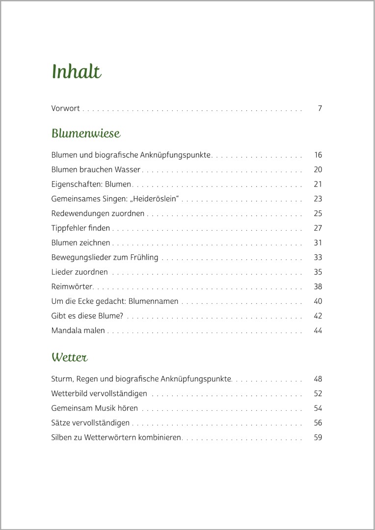 Inhaltsverzeichnis von Gedächtnistraining für Senioren „Natur pur“ – Gehirnjogging für Naturliebhaber. Das Inhaltsverzeichnis präsentiert das Thema „Blumenwiese“ und „Wetter“ – ideal zur Aktivierung von Senioren.