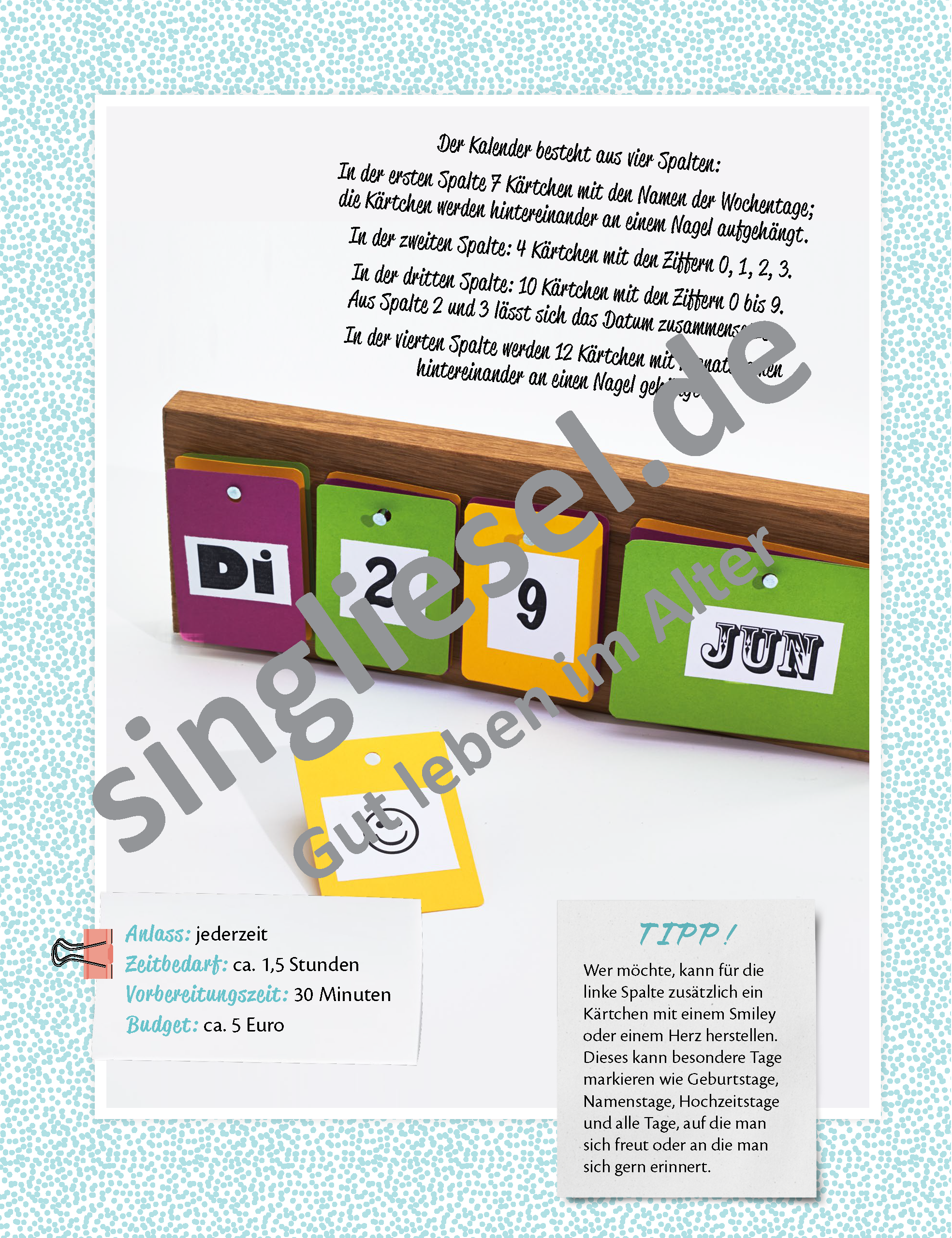 Beispielbild: Anleitung Tageskalender basteln - kreative Handarbeit für Senioren zur Beschäftigung als PDF-Download Beispielbild: Anleitung Tageskalender basteln - kreative Handarbeit für Senioren zur Beschäftigung als PDF-Download