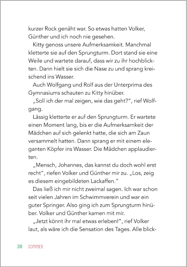 Beispielseite aus ‚Die blaue Badehose‘ im Buch ‚Jahreszeitengeschichten für Senioren‘. Eine sommerliche Geschichte über einen Besuch im Schwimmbad.