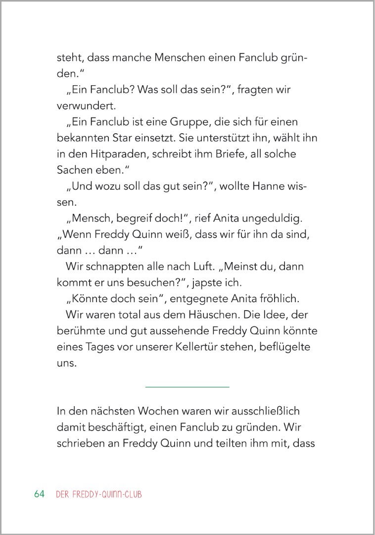 Weitere Beispielseite aus der Kurzgeschichte ‚Der Freddy-Quinn-Club‘ im Buch ‚Stammtischgespräche für Senioren‘. Eine Gruppe Frauen trifft sich bei einer gemeinsamen Freundin. Die Geschichte ist in seniorengerechtem Großdruck gestaltet.