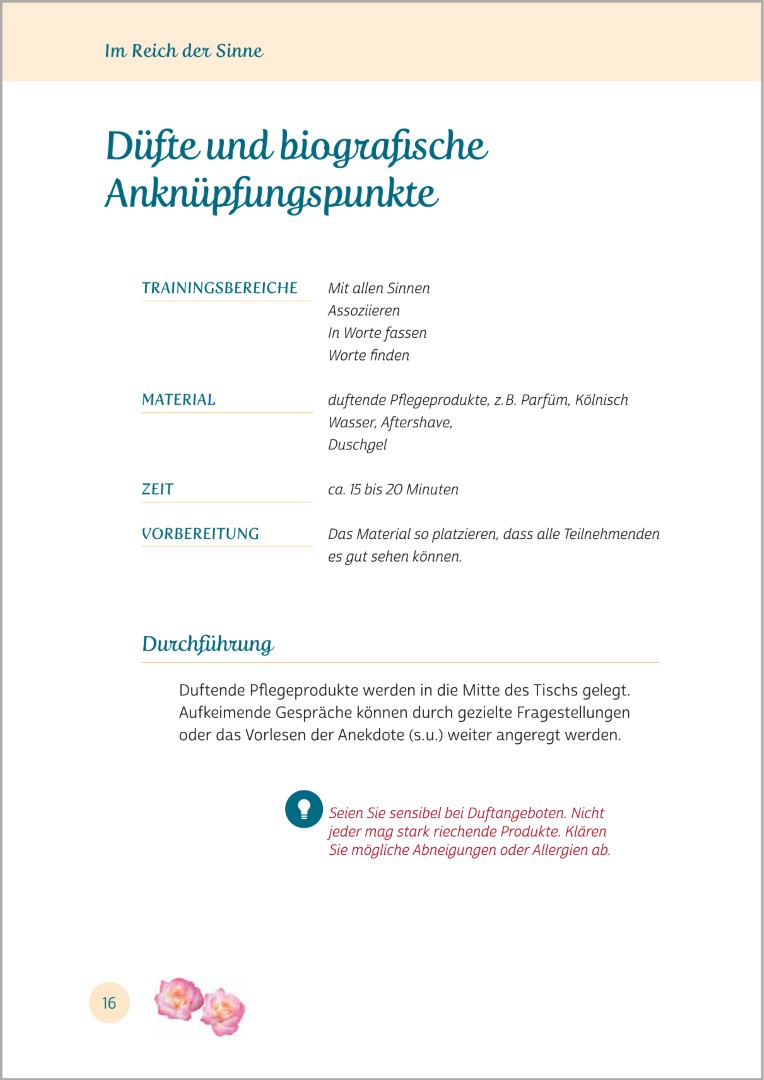Beispielseite aus Gedächtnistraining für Senioren "Aktiv mit allen Sinnen". Gezeigt wird eine Gedächtnisübung mit dem Titel „Düfte und biografische Anknüpfungspunkte“. Die Übungen eignen sich ideal zur Aktivierung von Senioren.