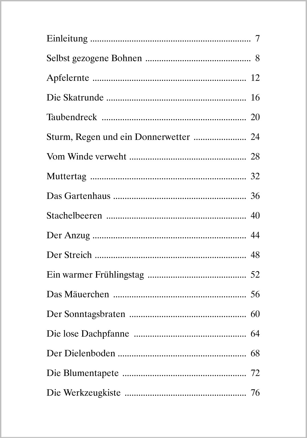 Inhaltsverzeichnis aus „Die schönsten Sprichwortgeschichten zum Lachen und Schmunzeln“. Es zeigt insgesamt 18 verschiedene Kurzgeschichten für Senioren, die sich zum Vorlesen und Miträtseln eignen.