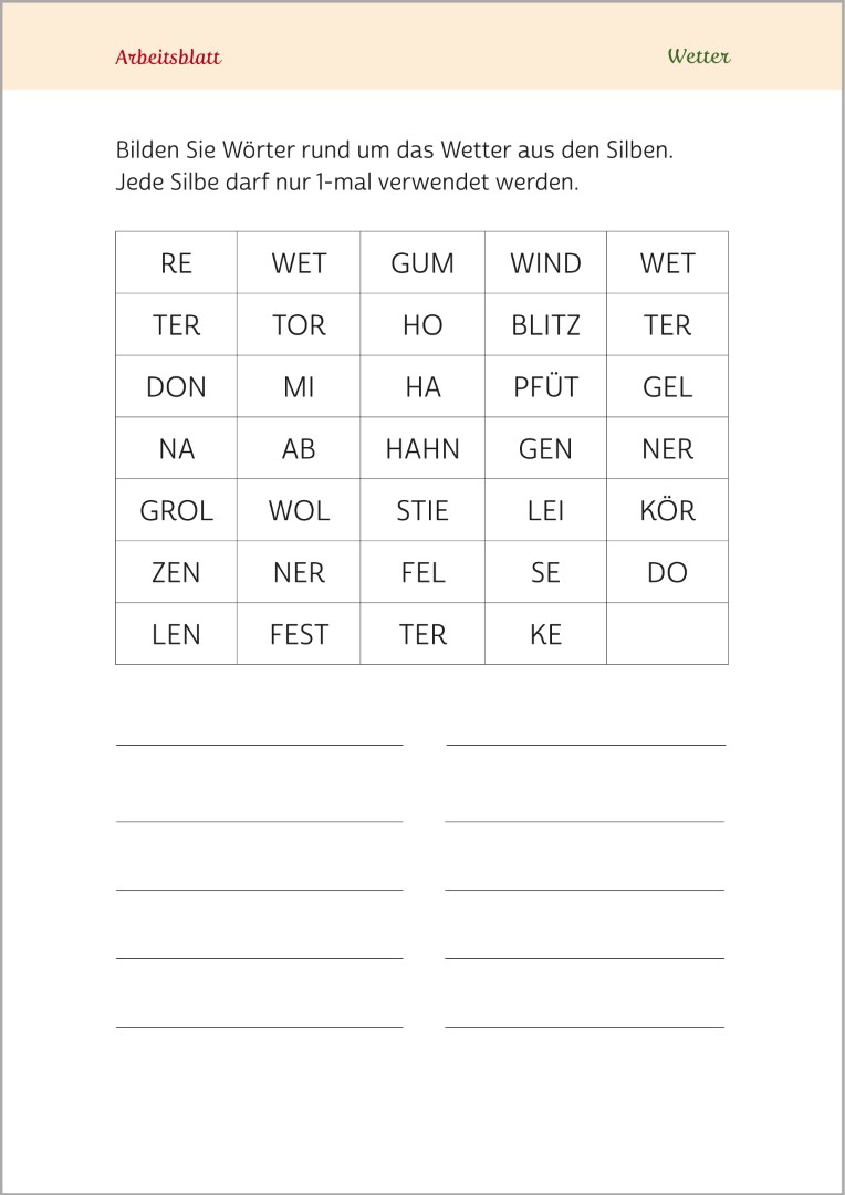 Beispielseite aus Gedächtnistraining für Senioren "Gehirnjogging für Naturliebhaber". Gezeigt wird eine Gedächtnisübung mit dem Titel „Silben zu Wetterwörtern kombinieren“. Die Übungen eignen sich ideal zur Aktivierung von Senioren.