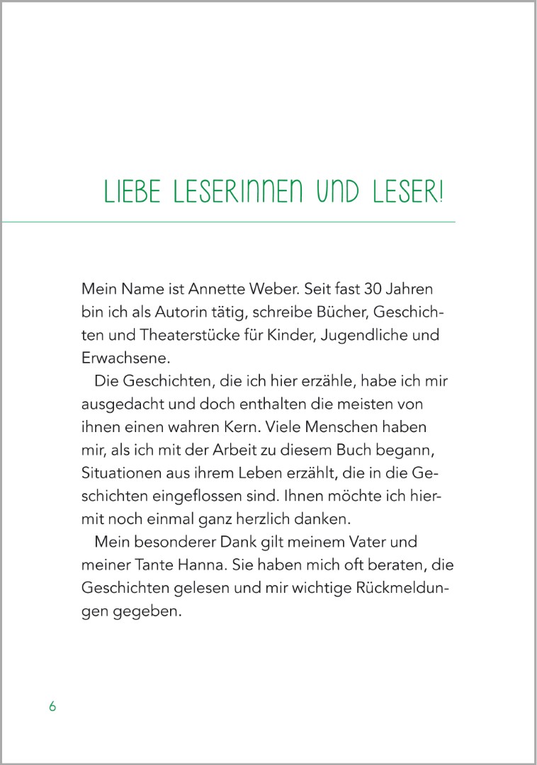 Einleitungsseite des Buches ‚Jahreszeitengeschichten – Kurzgeschichten für Senioren‘ von Annette Weber. Die Geschichten basieren auf alltagsnahen Situationen und eignen sich ideal zum gemeinsamen Erinnern.