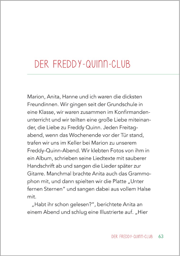 Beispielseite aus der Kurzgeschichte ‚Der Freddy-Quinn-Club‘ im Buch ‚Stammtischgespräche für Senioren‘. Eine Gruppe Frauen trifft sich bei einer gemeinsamen Freundin. Die Geschichte ist in seniorengerechtem Großdruck gestaltet.