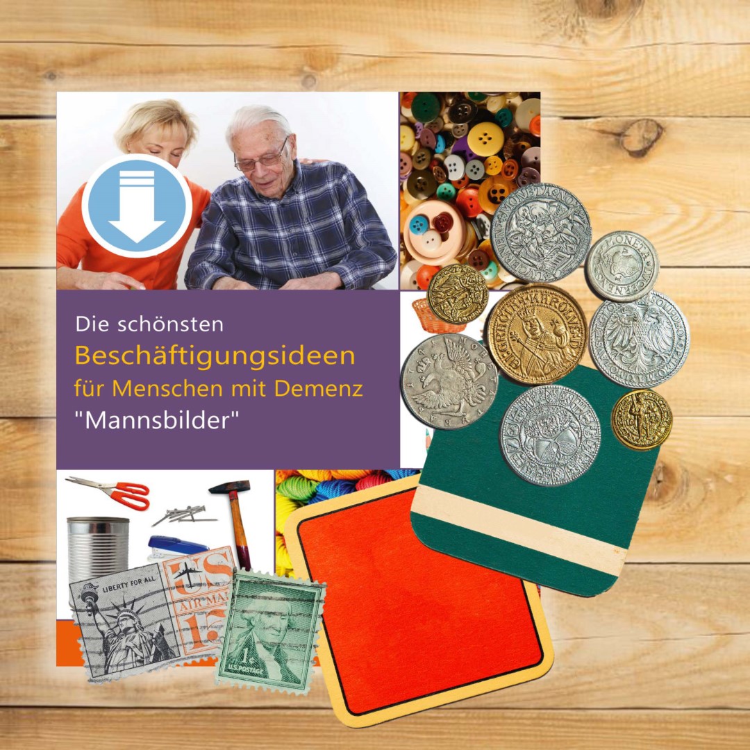 PDF-Cover zu „Die schönsten Beschäftigungsideen für Menschen mit Demenz. Mannsbilder“. Auf dem Cover sind Münzen, Briefmarken und Bierdeckel als Symbole für Aktivierungen für Männer.
