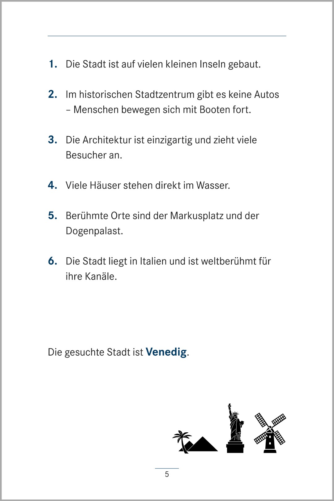 Beispielseite aus dem Buch „Umschreibungen – Stadt, Land, Fluss“ vom SingLiesel Verlag. Zu sehen ist eine Übungsseite, auf der mithilfe von sechs beschreibenden Hinweisen der gesuchte Begriff „Venedig“ gefunden werden soll.