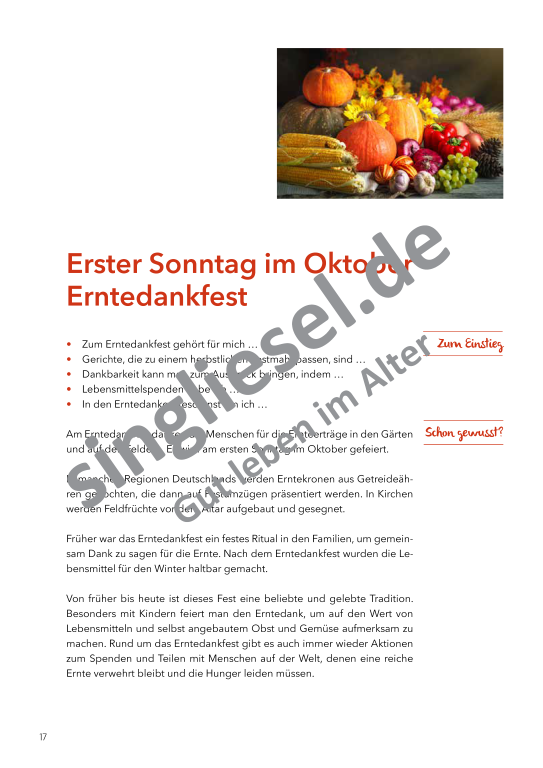 Beispielseiten: Vom Spätsommer bis Reformationstag  - Aktivierungspaket zu Festen und Bräuche für Senioren als PDF-Download Beispielseiten: Vom Spätsommer bis Reformationstag  - Aktivierungspaket zu Festen und Bräuche für Senioren als PDF-Download