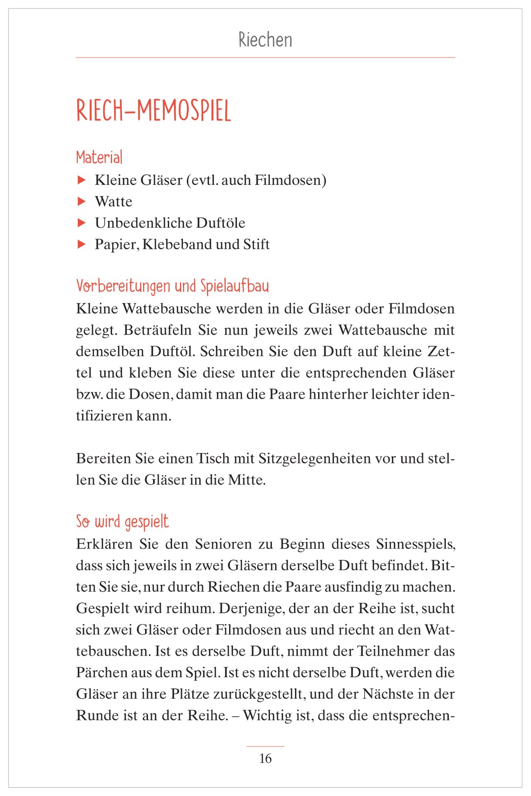 Beispielseite aus „Wahrnehmungsspiele für alle Sinne“. Abgebildet ist das Spiel „Riech-Memospiel“ mit Spielanleitung und einer Übersicht der benötigten Materialien.