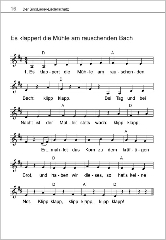 Liederbuch für Senioren im Großdruck – Wanderlied: Es klappert die Mühle am rauschenden Bach. Mit Noten